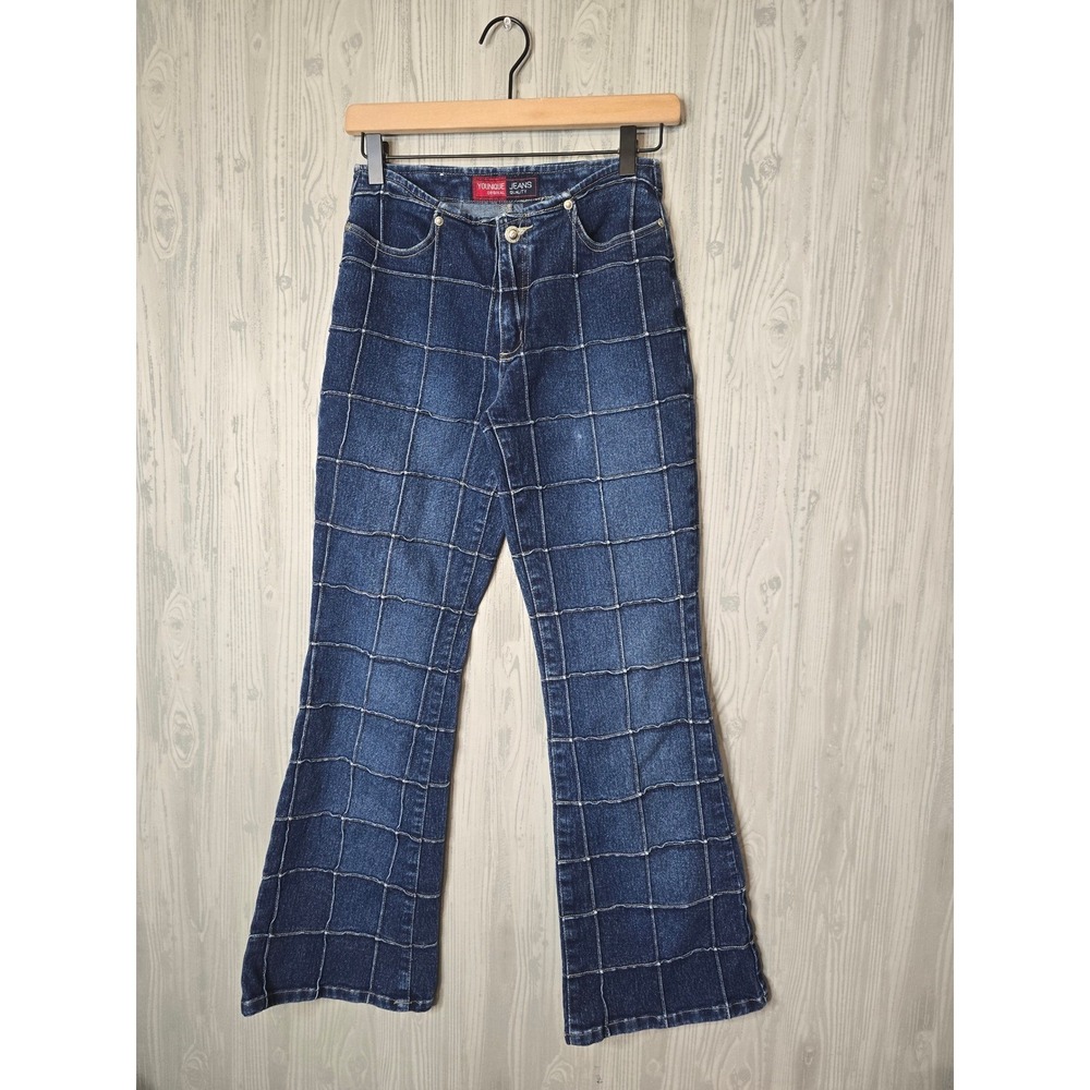 Vintage Y2K Younique Jeans Womens 3 Exposed Seam Grid Patchwork Flare Denim
